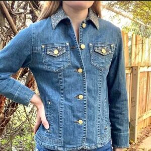 Laura Ashley Blue Denim Jacket with Gold Buttons And Rhinestones Size M Petite